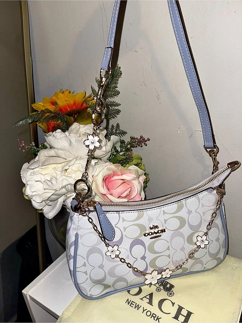 Coach Teri Shoulder Bag In Signature Canvas With Floral Print White & Blue